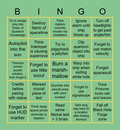 Outer Wilds Bingo Card