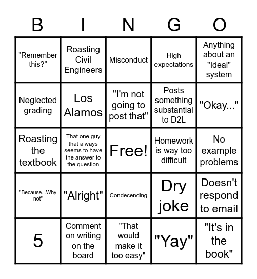 EMEC 341 Bingo Card