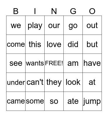 Sight Words Group 2 Bingo Card