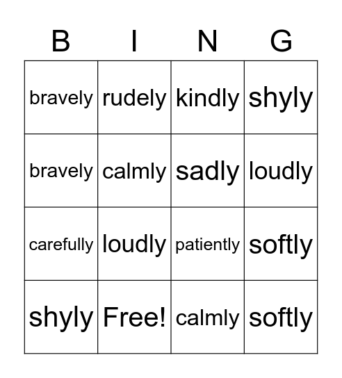 Adverbs Bingo Card