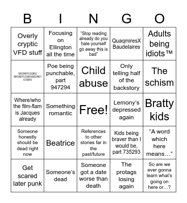 Lemony Snicket story Bingo Card