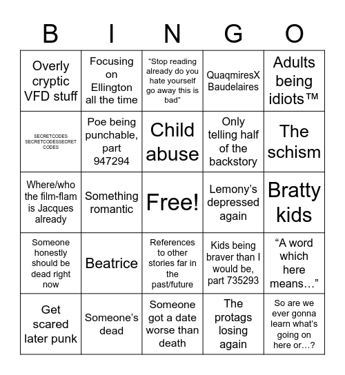 Lemony Snicket story Bingo Card