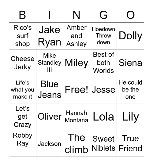 Hannah Montana Bingo Card