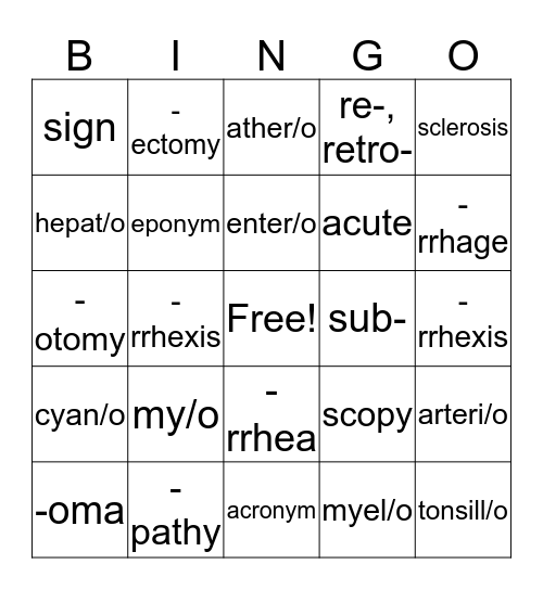 Med Term Ch 1 Prefix, Suffix, Root Woods Part 2 Bingo Card