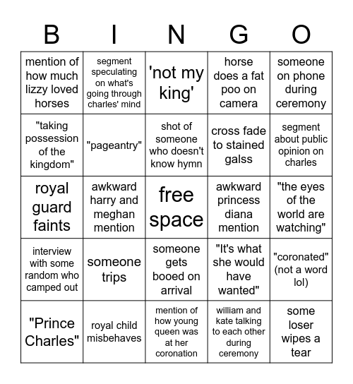 coronation bingo Card