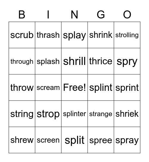 scr spl spr str thr shr words Bingo Card