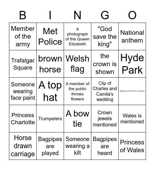 Coronation Bingo Card