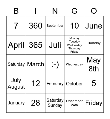 Days & Months Bingo Card