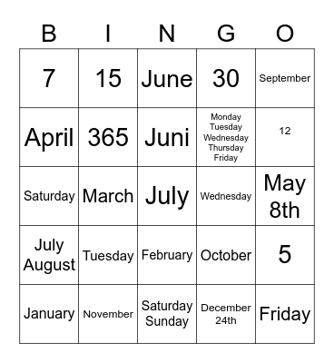 Days & Months Bingo Card