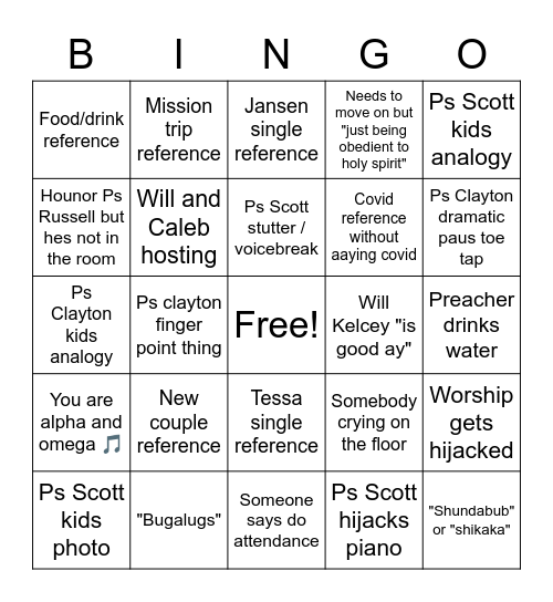 College chapel bingo Card