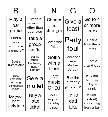 Lemon Gove Birthday Pub Crawl Bingo Card