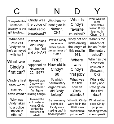 Cindy:  A Celebration  How much to you know? Bingo Card