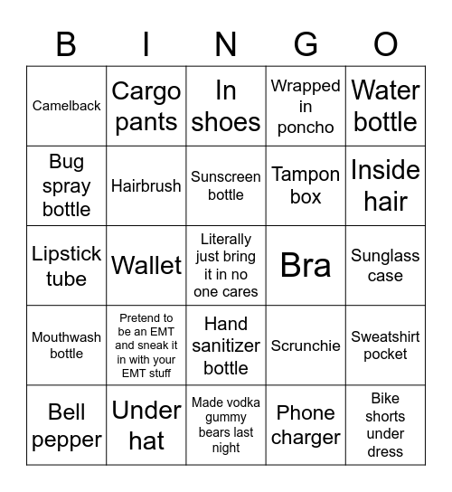Alcohol Smuggling Bingo Card