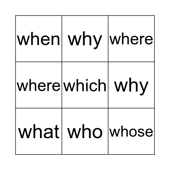 WH-Question Bingo Card