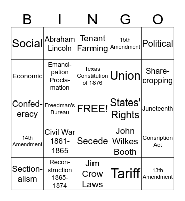 Civil War and Reconstruction Terms Bingo Card