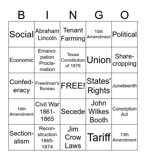 Civil War and Reconstruction Terms Bingo Card