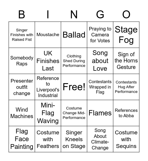 Eurovision 2023 Bingo Card