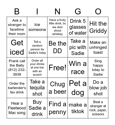Sadies Bday Bingo Card