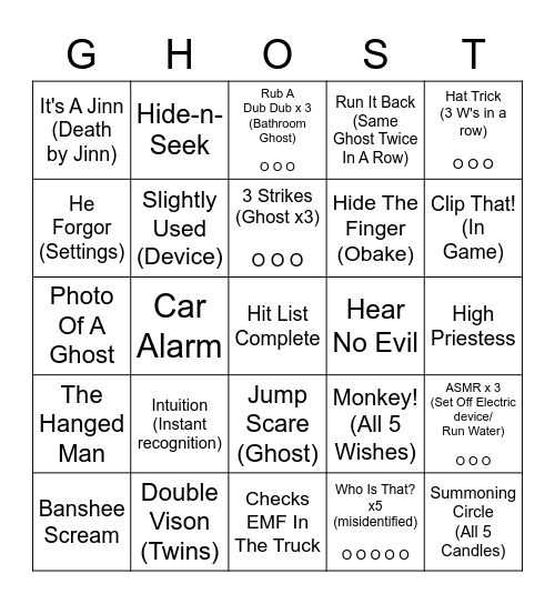 Phasmophobia Hit Lit Bingo Card