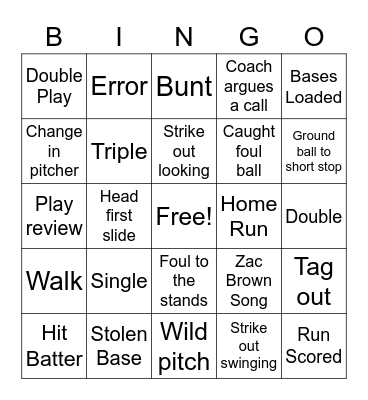 Baseball Bingo Card