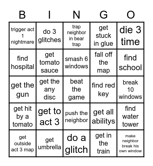 Hello, Neighbor! Bingo Card