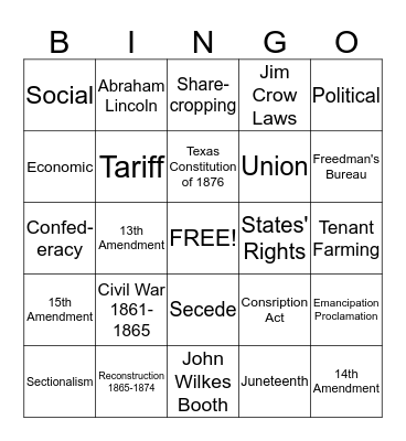 Civil War and Reconstruction Terms Bingo Card