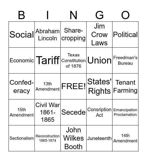 Civil War and Reconstruction Terms Bingo Card