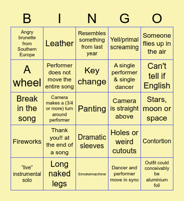 Eurovision Bingo Card