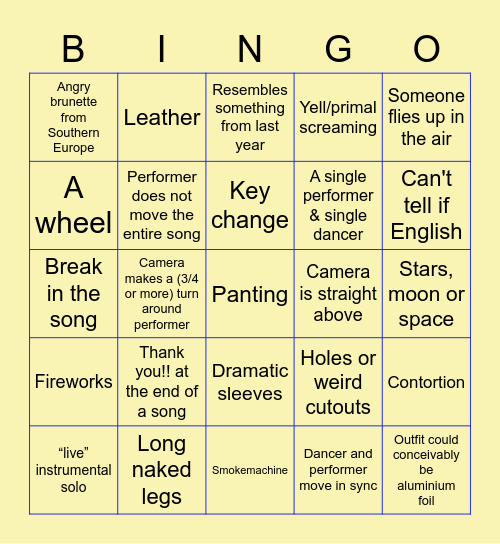 Eurovision Bingo Card