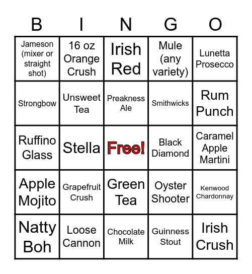 National Beverage Day Bingo Card