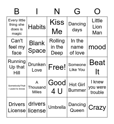 The Cover Songs Bingo Card