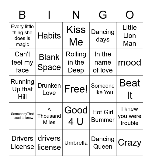 The Cover Songs Bingo Card