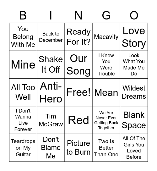 Music Bingo: Taylor Swift Bingo Card