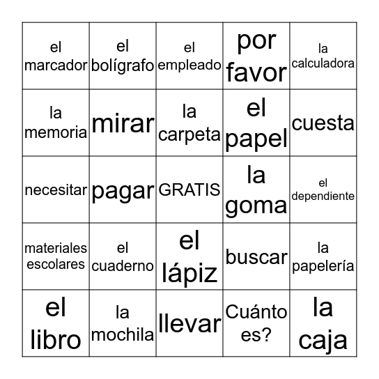 Materiales Escolares Bingo Card