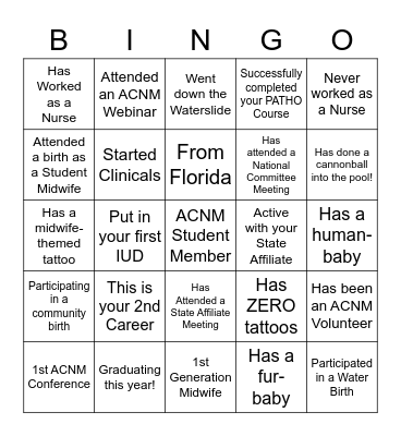 Future Midwives Poolside Bingo Card