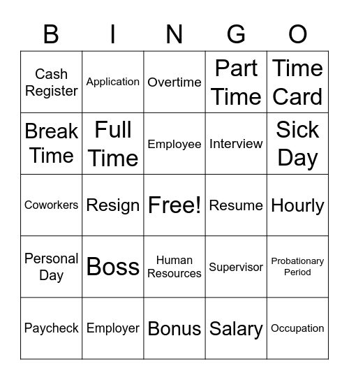 Employment Words Bingo Card