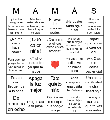Dia de las Madres Bingo Card