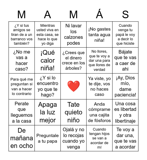 Dia de las Madres Bingo Card