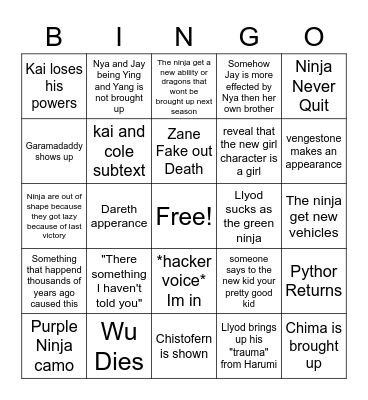 Ninjago Bingo Card