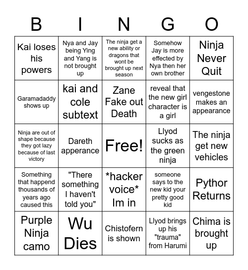 Ninjago Bingo Card