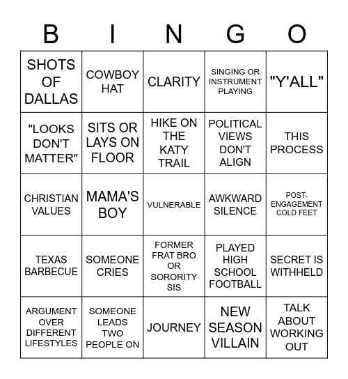 Love is Blind Bingo Card