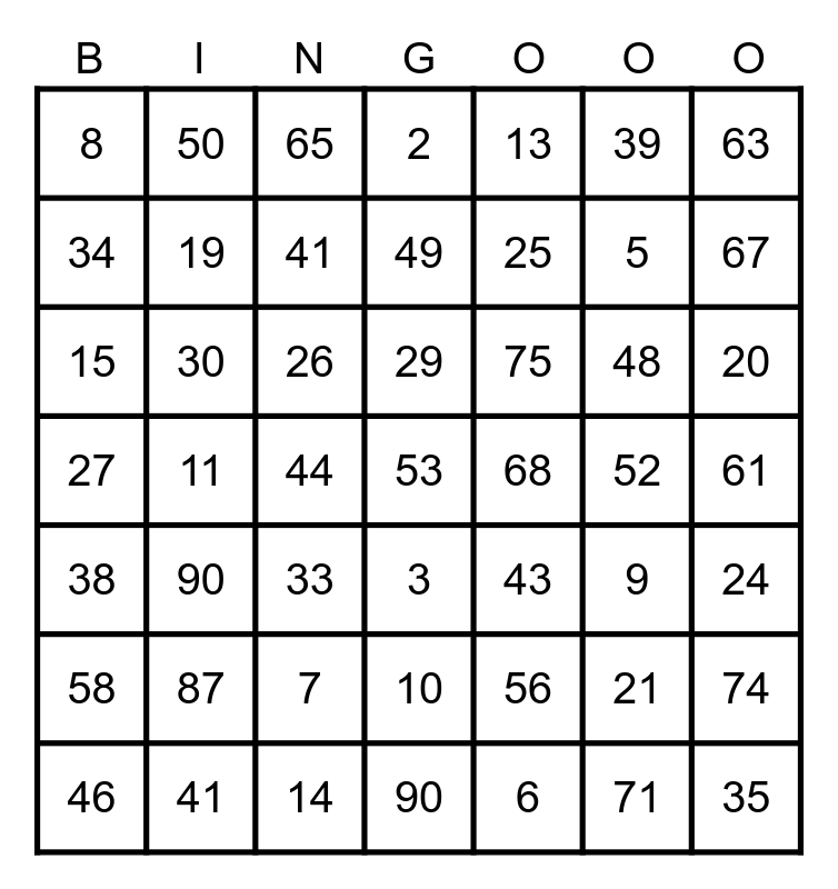 Number Bingo 1-90 Bingo Card