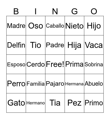 Family and Animals Bingo Card