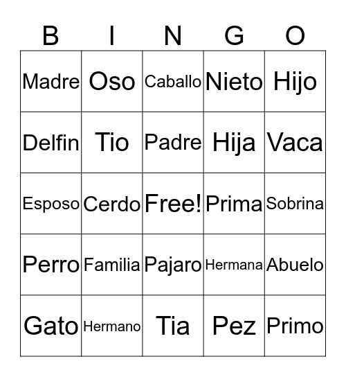 Family and Animals Bingo Card
