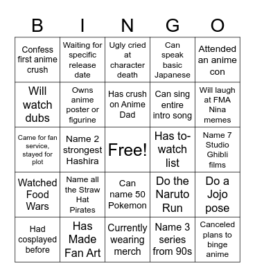 RPG Anime Night Bingo Card