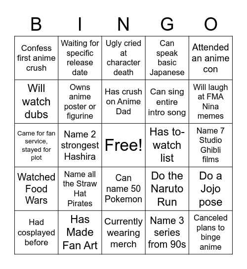 RPG Anime Night Bingo Card