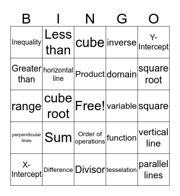 Algebra Bingo Card