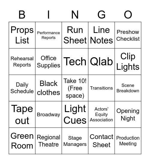 Stage Manager Bingo Card