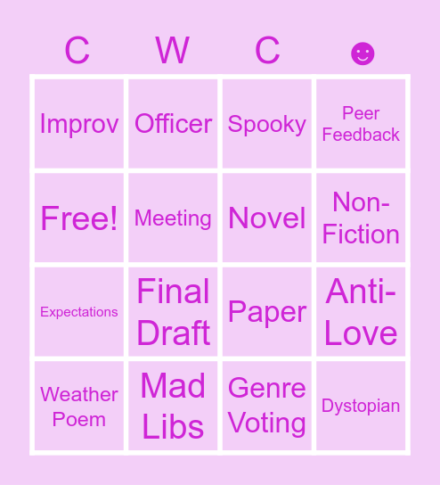 Writing Bingo Card