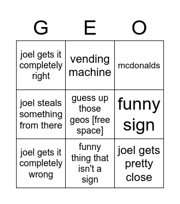 joel geoguessr bingo Card
